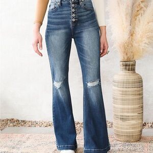 KanCan High Waisted Exposed Button Fly Flare Medium Wash Jeans Petite BNWT